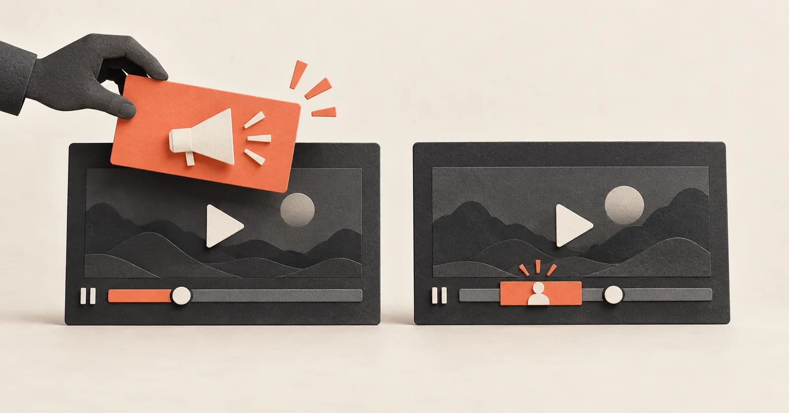 A platform ad card lifted away from one video player while an embedded sponsor segment remains in another.