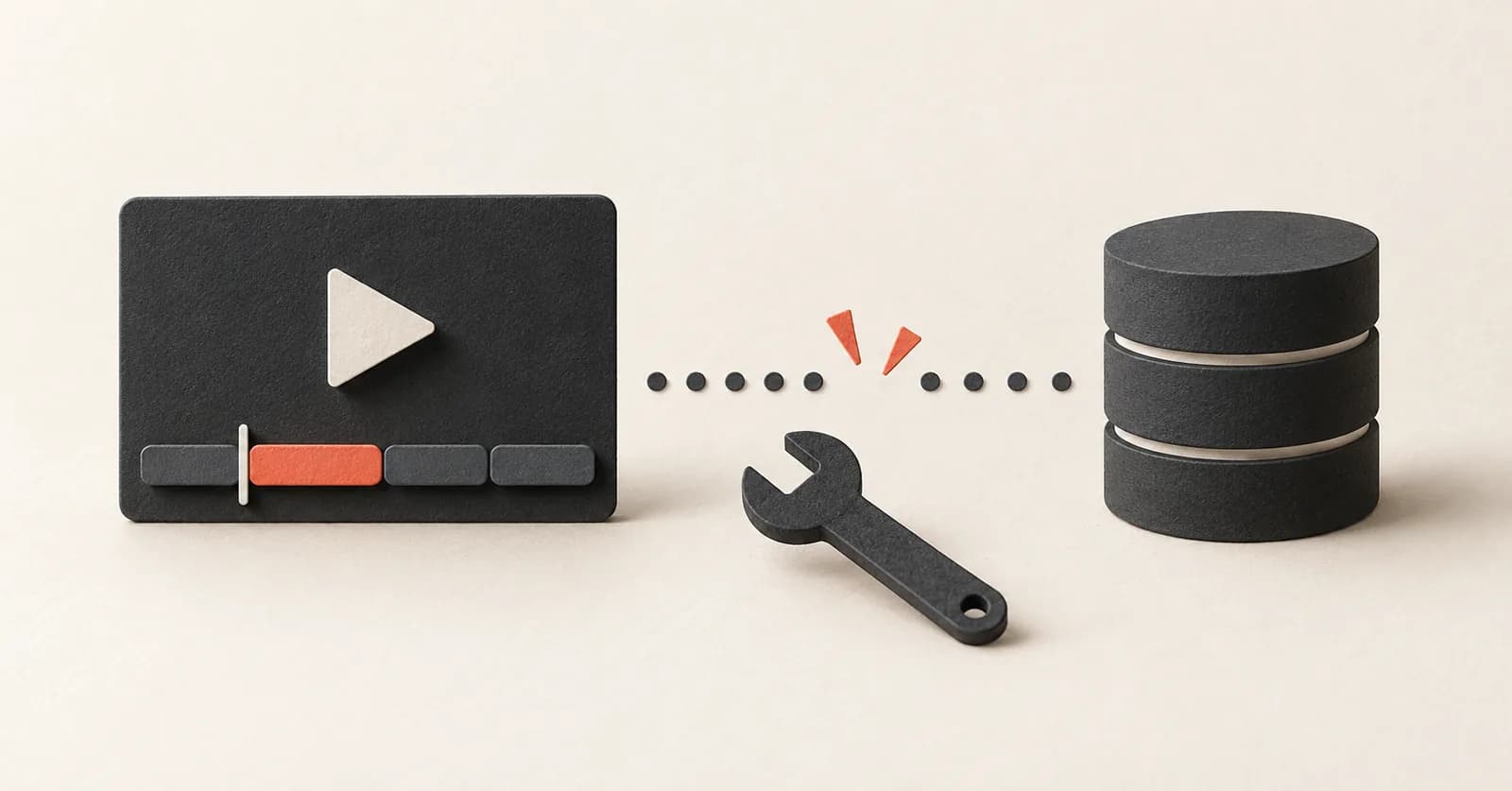 Wrench beside a broken connection between a video player and a database, illustrating SponsorBlock troubleshooting.
