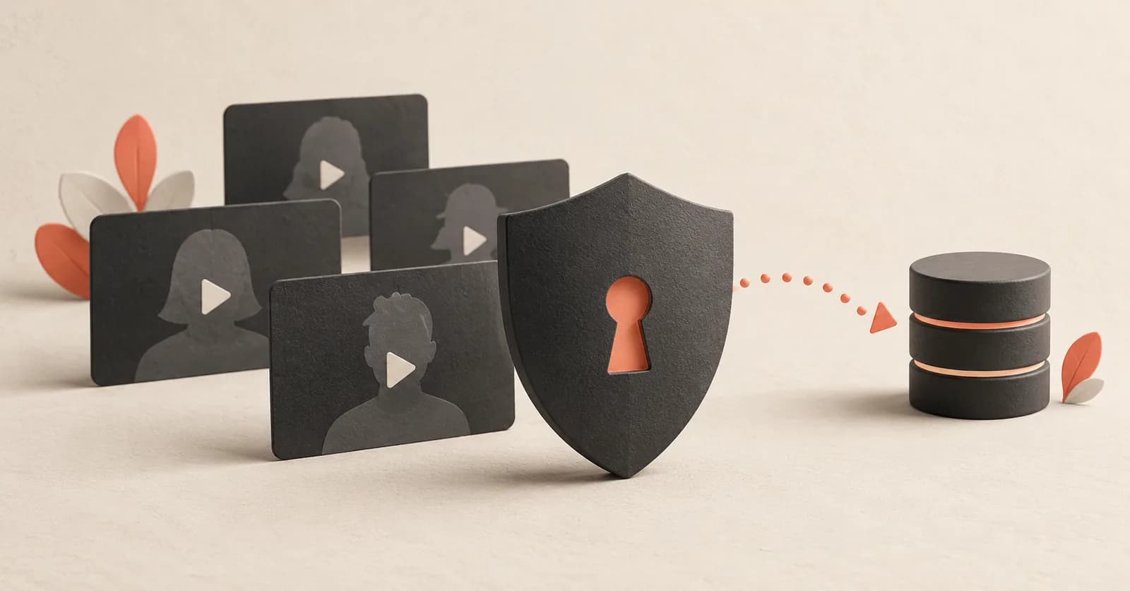 Privacy shield between anonymous video cards and a database, illustrating SponsorBlock video lookups.