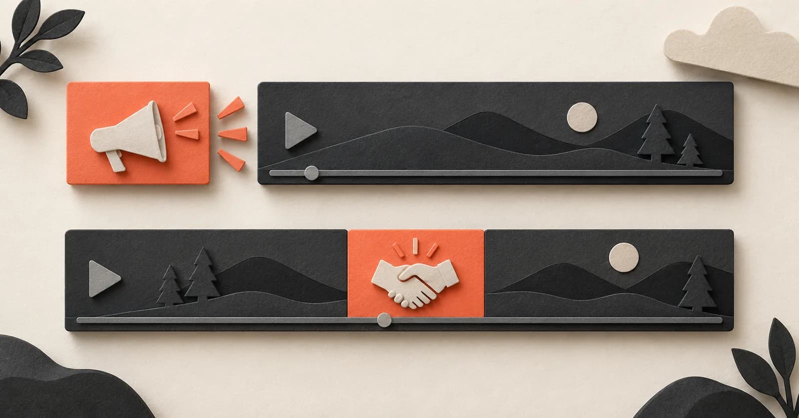 Separate YouTube ad card above a video timeline with a coral sponsor segment embedded in the middle.