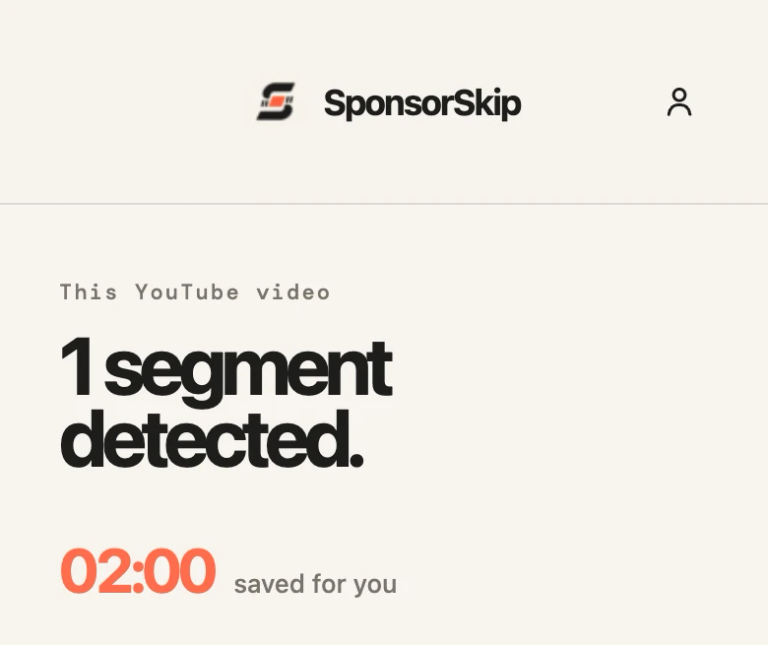 SponsorSkip side panel: 1 segment detected, 02:00 saved for you