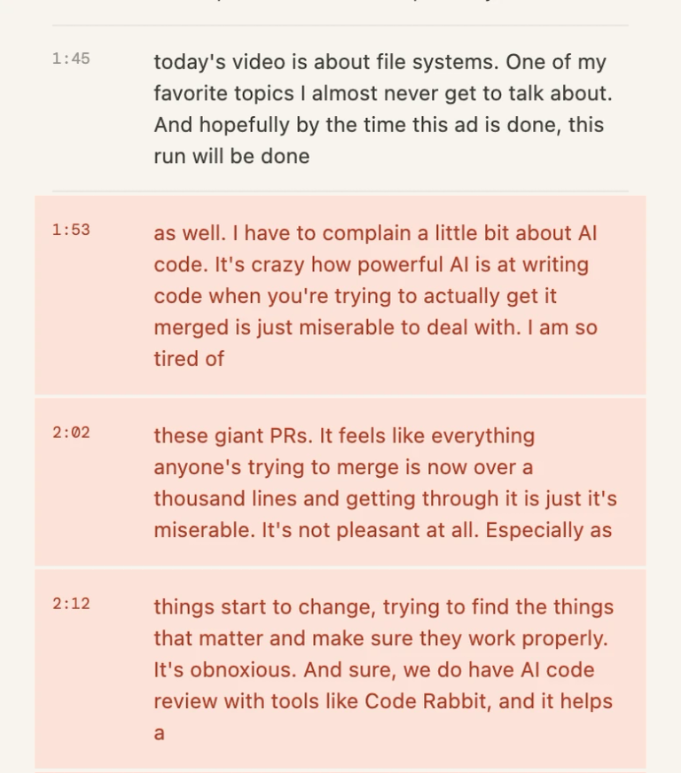 Transcript in the side panel: the sponsor read from 1:53 is highlighted, the line before it is not